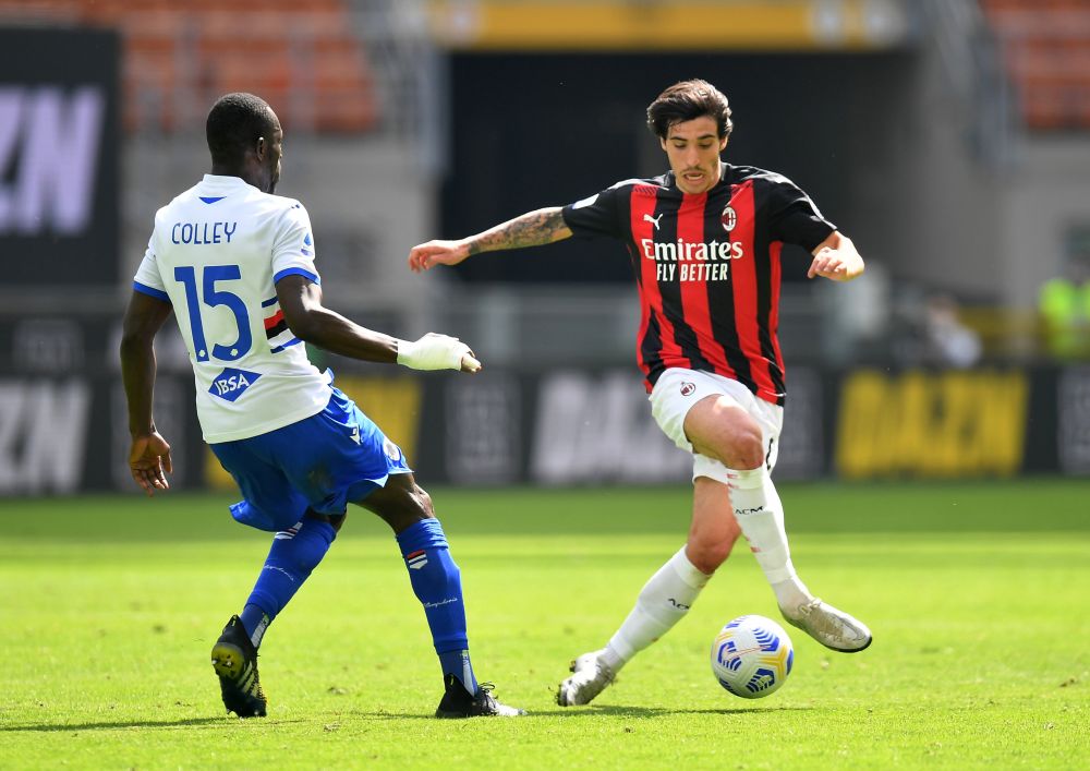 AC Milan's Sandro Tonali (right) in action against Sampdoria's Omar at the San Siro, Milan April 3, 2021. u00e2u20acu201d Reuters pic