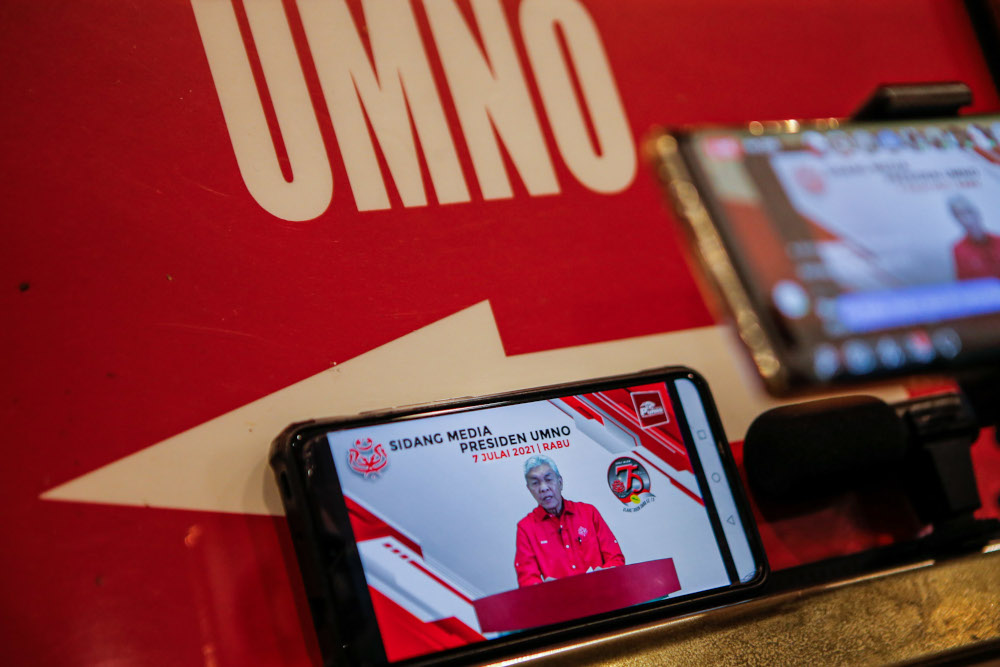 A livestream of Umno president Datuk Seri Ahmad Zahid Hamidiu00e2u20acu2122s online press conference at Umno headquarters in Kuala Lumpur, July 7, 2021. u00e2u20acu201d Picture by Hari Anggara