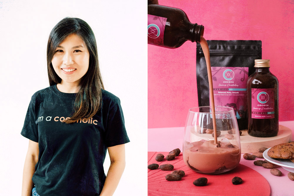 Cocova founder Chan Jinli (left). Pouring a cool glass of iced chocolate (right).