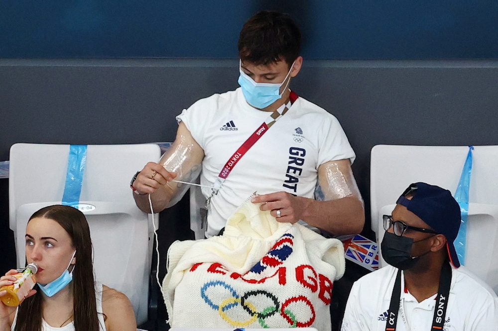 Tom Daley of Britain knits in the stands, August 2, 2021. u00e2u20acu201d Reuters pic 