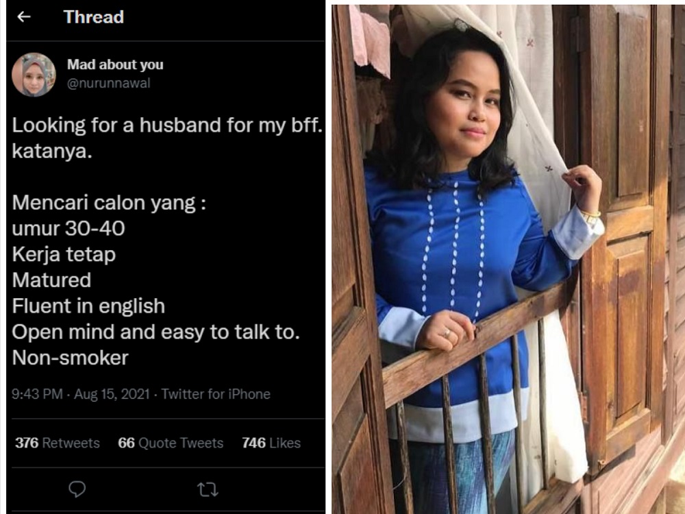 A Malaysian woman who has had enough of the single life had asked her best friend to assist in finding her a soulmate on social media platform, Twitter. u00e2u20acu201d Picture courtesy of Nurunnawal Yem