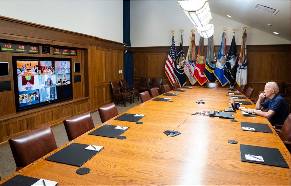 In this photo released by The White House, President Joe Biden meets virtually with his national security team and senior officials for a briefing on Afghanistan, at Camp David August 15, 2021. u00e2u20acu201d AFP pic