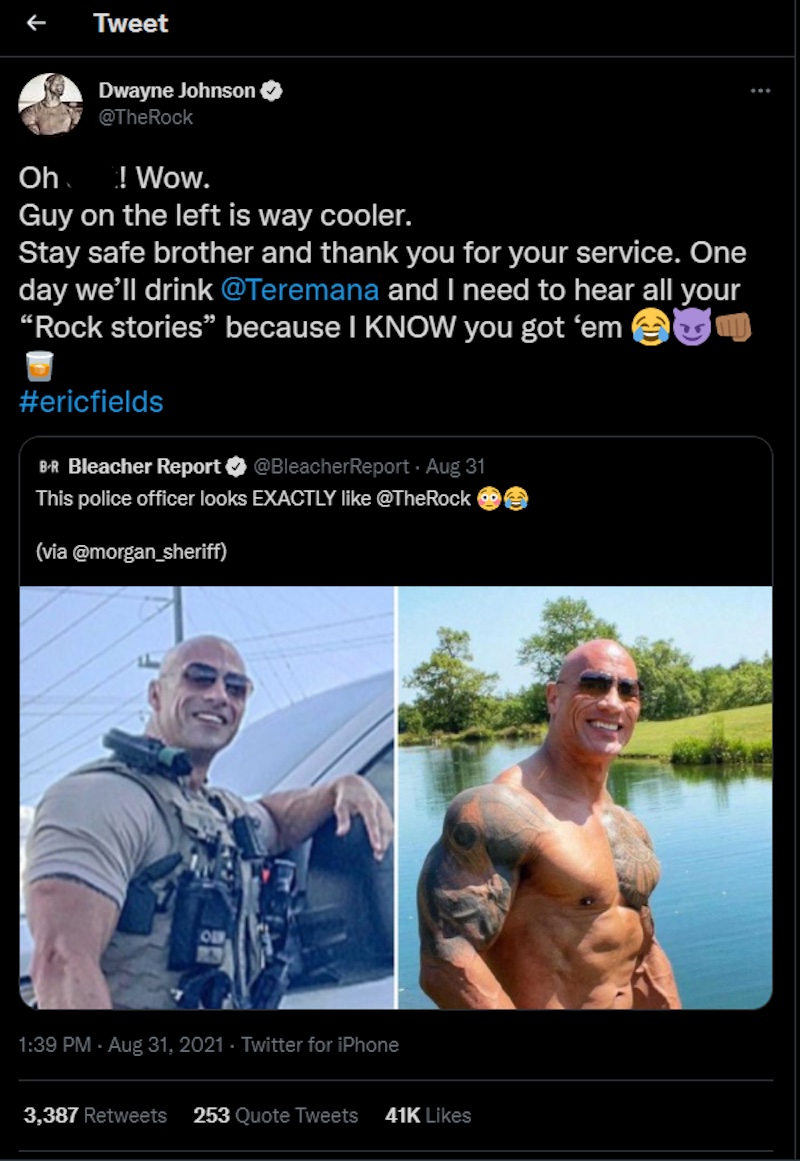 The Rock tweeted his appreciation of his doppelganger. — Screenshot from Twitter/ Dwayne Johnson