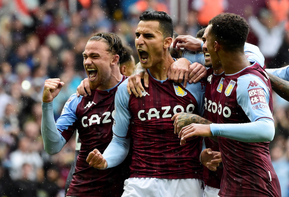 Aston Villa's Anwar El Ghazi celebrates scoring their second goal with teammates, August 21, 2021. u00e2u20acu201d Reuters pic 