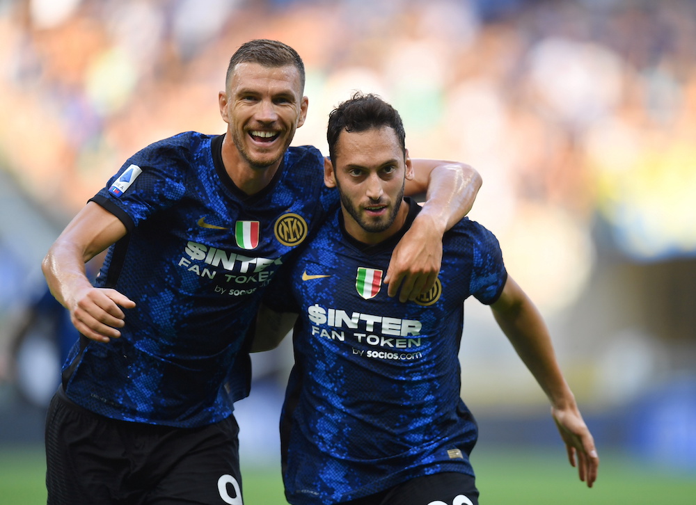 Inter Milan's Hakan Calhanoglu celebrates scoring their second goal with Edin Dzeko, 21, 2021. u00e2u20acu201d Reuters pic