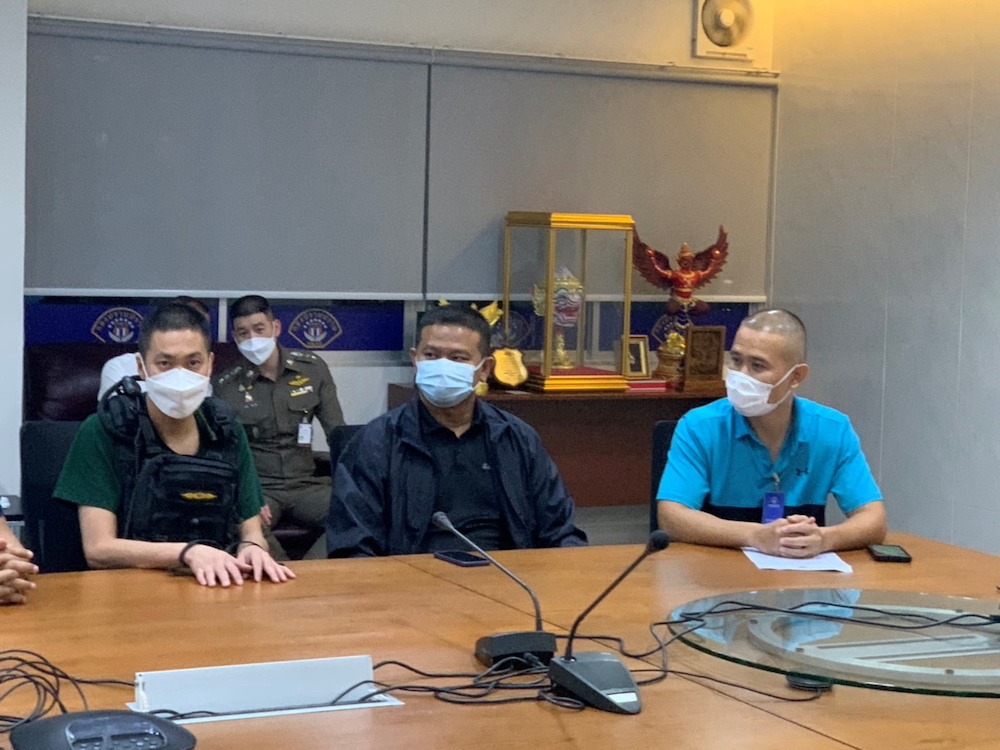 Royal Thai Police Colonel Thitisan Uttanapol (left) is interrogated after being accused of torturing and killing a drug suspect in Nakhonsawan, at Crime Suppression Division in Bangkok, Thailand August 26, 2021. u00e2u20acu201d Royal Thai Police Handout via Reuters