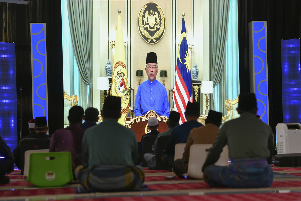 A Special Message by the Yang di-Pertuan Agong Al-Sultan Abdullah Riu00e2u20acu2122ayatuddin Al-Mustafa Billah Shah was screened during the 1443H/2021M Ma`al Hijrah Celebration, August 9, 2021, Putrajaya. u00e2u20acu201d Bernama pic