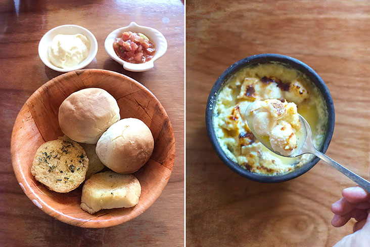 Fill up with hot breads out of the oven (left) before tucking into some cheese baked scallops (right).