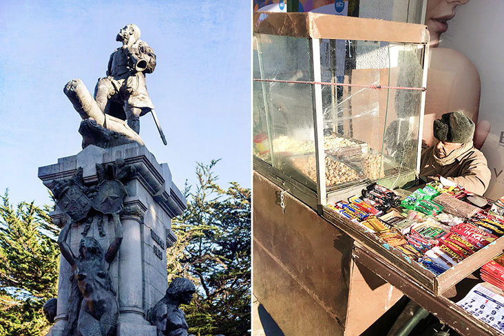 One of the many statues in the town centre (left). Street stalls offering hot foods and snacks (right).