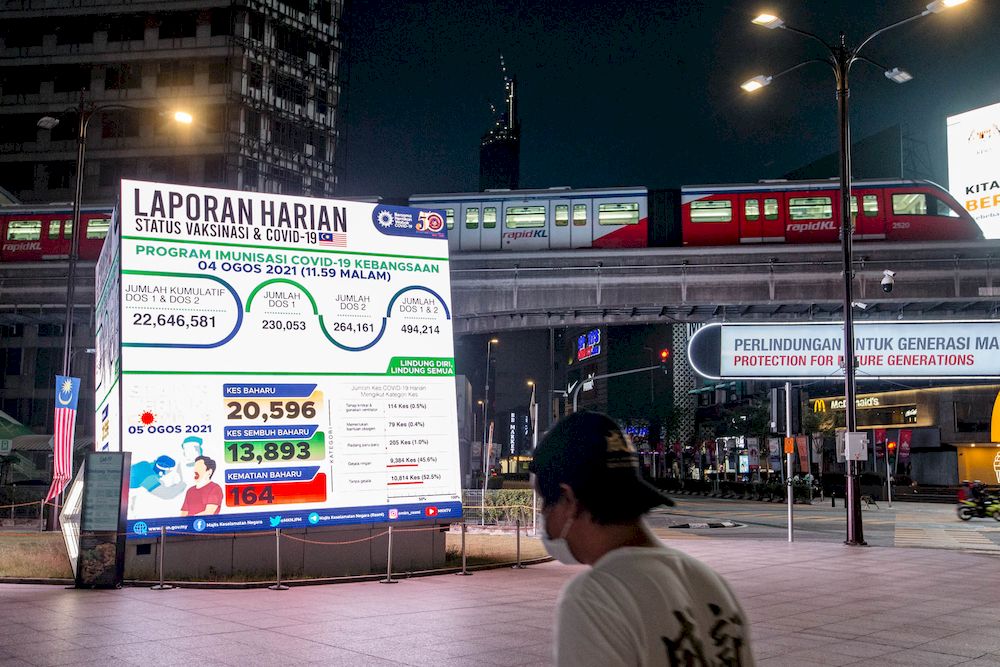 Pedestrians walk past a digital screen displaying the new daily record of Covid-19 cases, at Bukit Bintang in Kuala Lumpur, August 5, 2021. u00e2u20acu201d Picture by Firdaus Latif