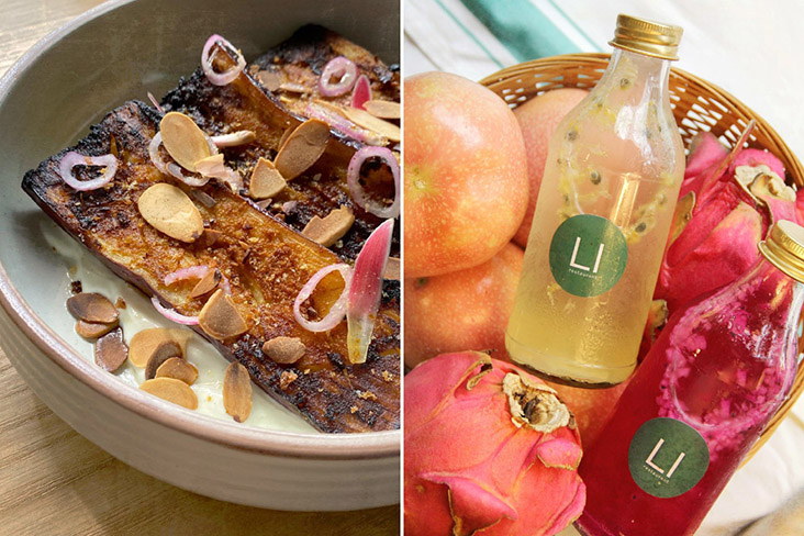 Pan Seared Tandoori Eggplant (left); Dragon Fruit and Passion Fruit Enzymes (right).