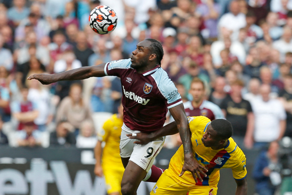 West Ham Unitedu00e2u20acu2122s English midfielder Michail Antonio (left) vies with Crystal Palaceu00e2u20acu2122s English defender Marc Guehi during the English Premier League football match at The London Stadium, August 28, 2021.u00e2u20acu201d AFP pic 