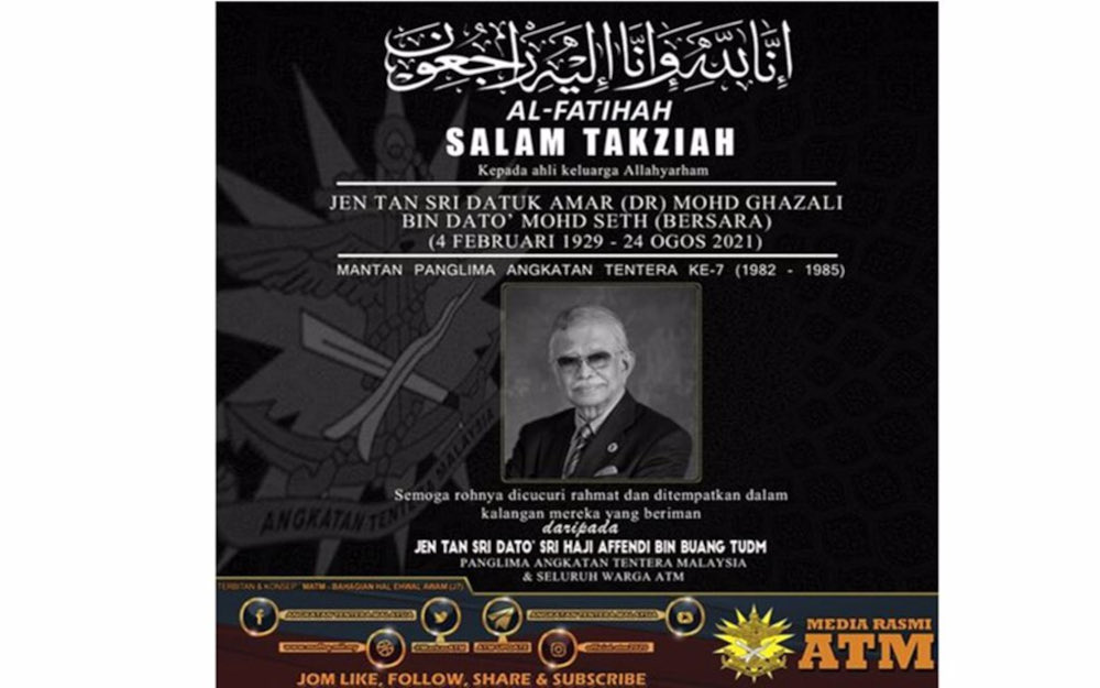 Tan Sri Mohd Ghazali Mohd Seth, the seventh armed forces chief, was laid to rest at the Bukit Kiara Islamic cemetery, August 24, 2021. u00e2u20acu201d Picture from Twitter/bernamadotcom