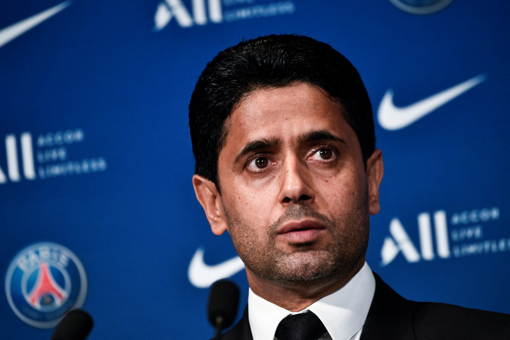 Paris Saint-Germainu00e2u20acu2122s Qatari President Nasser Al-Khelaifi speaks during a press conference for the unveiling of Argentinian football player Lionel Messi at the Parc des Princes stadium in Paris August 11, 2021. u00e2u20acu2022 AFP pic 