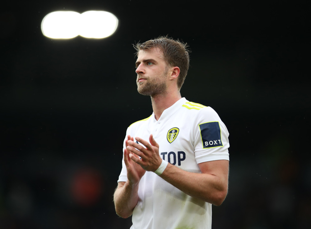 Leeds Unitedu00e2u20acu2122s Patrick Bamford applauds fans after the match against Everton at Elland Road in Leeds, August 21, 2021. u00e2u20acu201d Action Images pic via Reuters