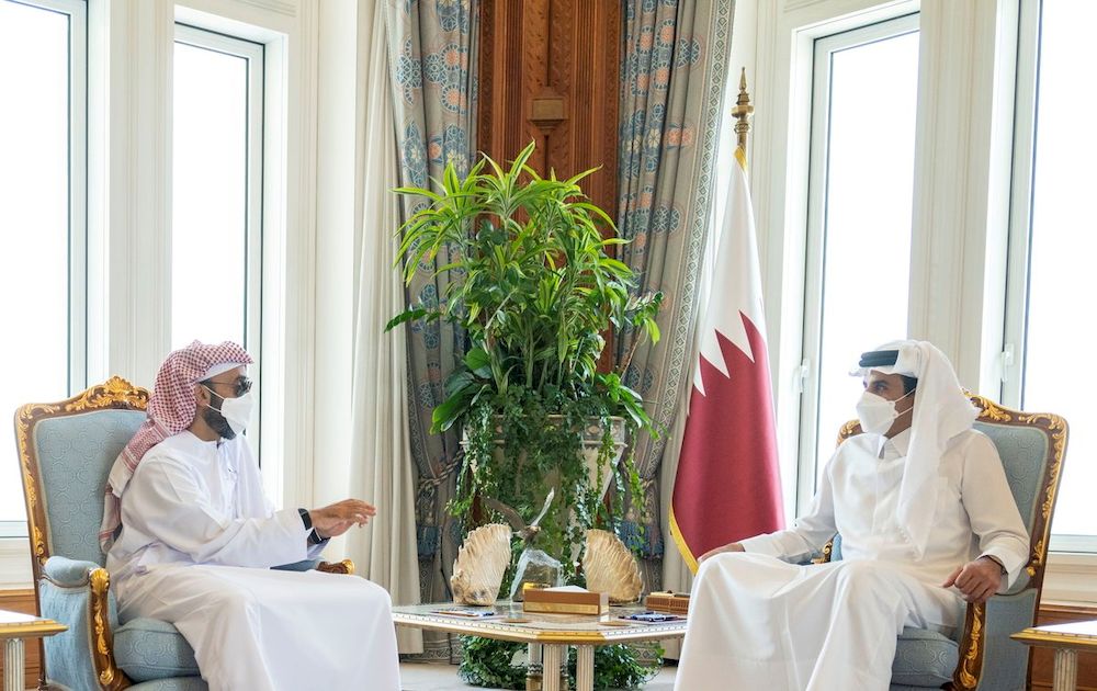 Qataru00e2u20acu2122s Emir Sheikh Tamim bin Hamad al-Thani meets with National Security Adviser Sheikh Tahnoun bin Zayed al-Nayhan, in Doha, Qatar, August 26, 2021. u00e2u20acu201d Qatar News Agency/Handout via Reuters