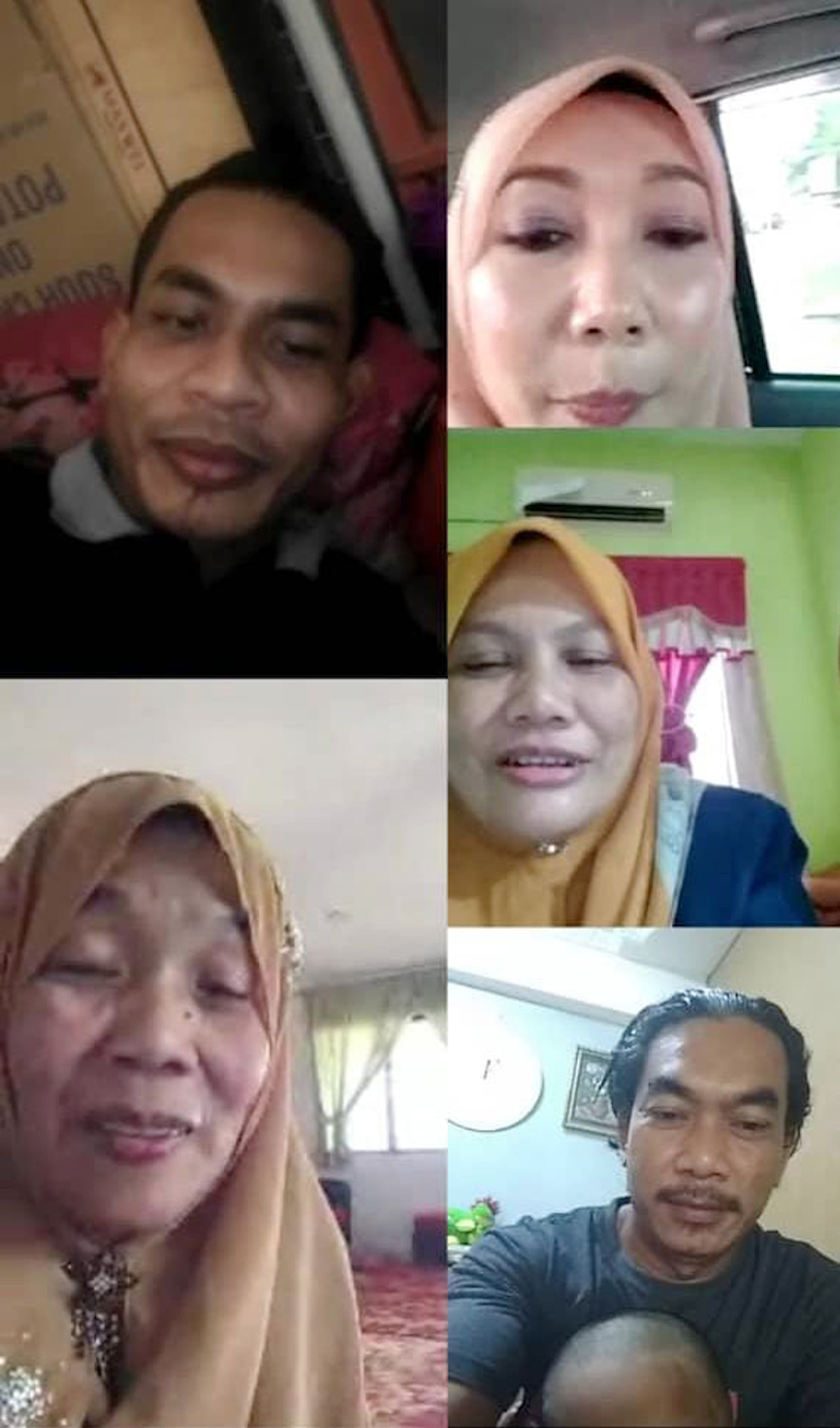 Mr Muhammad Fariezatul Firdaus Ahmed (top left) in a  video call with his family. The Malaysian, who has been working as a cleaner in Singapore since 2016, has also not returned home since March 17 last year. — Photo courtesy of Mr Muhammad Fariezatul F
