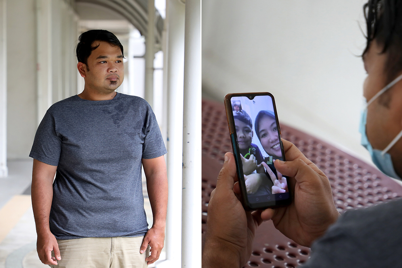 Mr Muhammad Ridzuan Md Khisban, a 32-year-old cleaner, looks at a photo of his wife, Siti Maryam Binti Manon, and 10-year-old son Muhammad Saiful Aiman, who are living in Johor. He was able to return home to Johor in February under the PCA scheme to get m