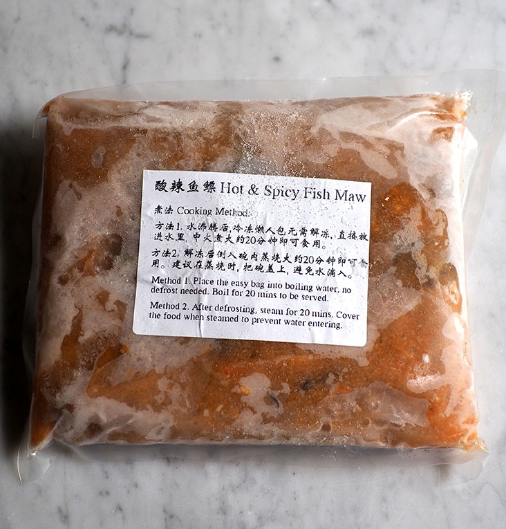 The hot and spicy fish maw is packed in frozen form which you can boil in the bag and subsequently steam it to get an appetising soup for a meal