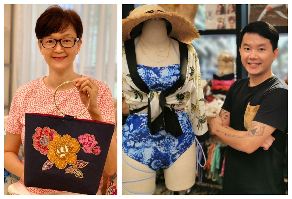 Leong (left) with her handmade floral handbag while Nick (right) showing an outfit he designed under Binasinar. u00e2u20acu201d Pictures via LindenLeong and NickTan.nnn
