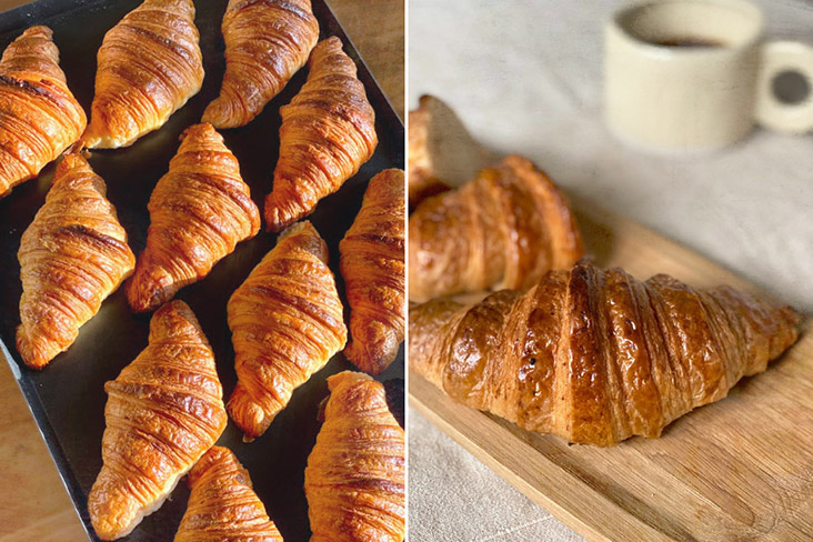Rich, buttery and crispy croissants made with sourdough (left) and spelt (right).
