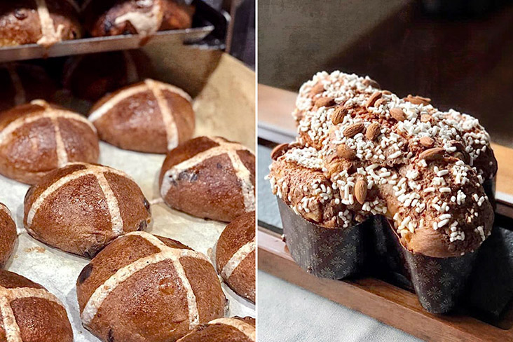 Easter delights: Hot cross buns (left) and 'Colomba di Pasqua' (“Easter Dove” in Italian).