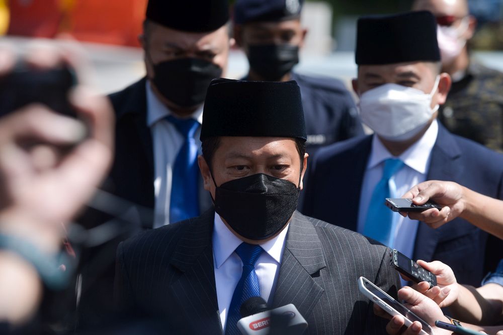 Umno secretary-general Datuk Seri Ahmad Maslan speaks to reporters before leaving Istana Negara in Kuala Lumpur August 19, 2021. u00e2u20acu201d Picture by Miera Zulyana