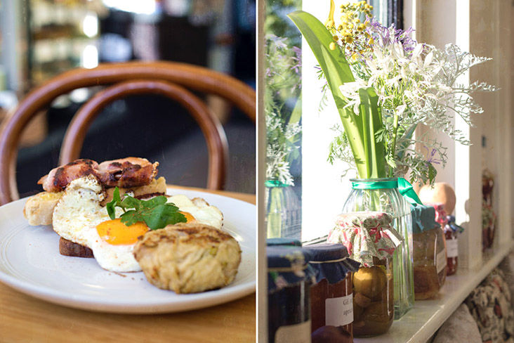 A simple breakfast: bacon, bread and a fried egg.