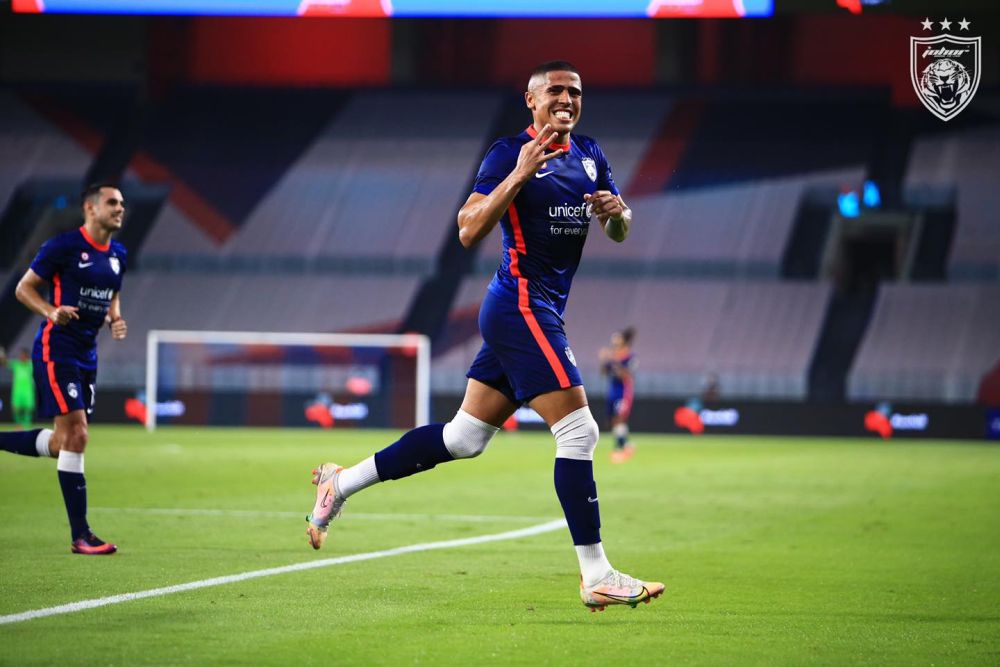 JDT striker Bergson Da Silva celebrates after scoring a hat-trick against Perak FC at the Sultan Ibrahim Stadium in Iskandar Puteri July 31, 2021. u00e2u20acu201d Picture via Facebooknn