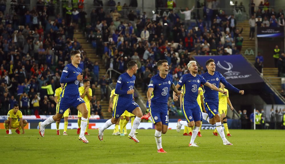 Chelsea players celebrate after winning the penalty shoot-out against Villarreal to win the Uefa Super Cup at Windsor Park, Belfast August 11, 2021.u00e2u20acu2022 Reuters pic
