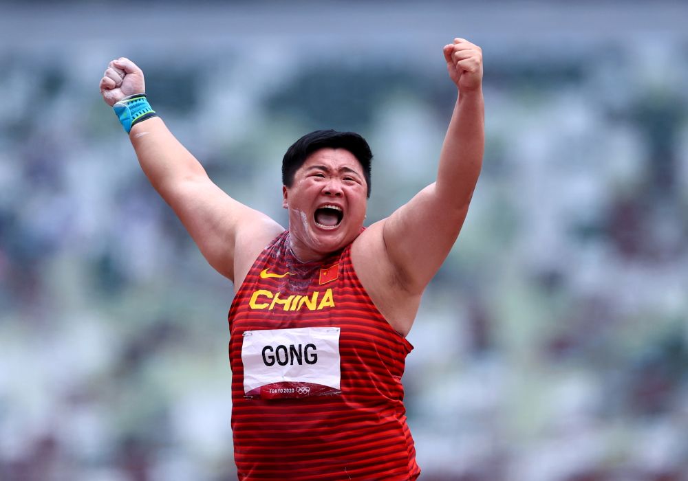 Gong Lijiao of China celebrates after her throw at the womenu00e2u20acu2122s short put final at the Olympic Stadium in Tokyo August 1, 2021. u00e2u20acu201d Reuters pic