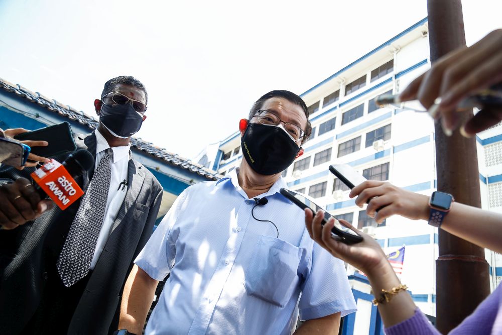 Bagan MP Lim Guan Eng speaks to the members of the press at the Northeast district police station in George Town August 11, 2021. u00e2u20acu2022 Picture by Sayuti Zainudin