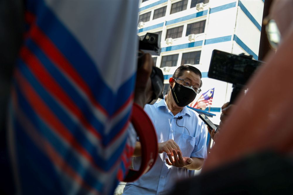Bagan MP Lim Guan Eng speaks to the members of the press at the Northeast district police station in George Town August 11, 2021. u00e2u20acu2022 Picture by Sayuti Zainudin