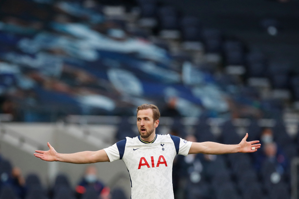 Tottenham Hotspur striker Harry Kane reacts during the English Premier League football match between Tottenham Hotspur and Aston Villa at Tottenham Hotspur Stadium in London, May 19, 2021. u00e2u20acu201d AFP pic 