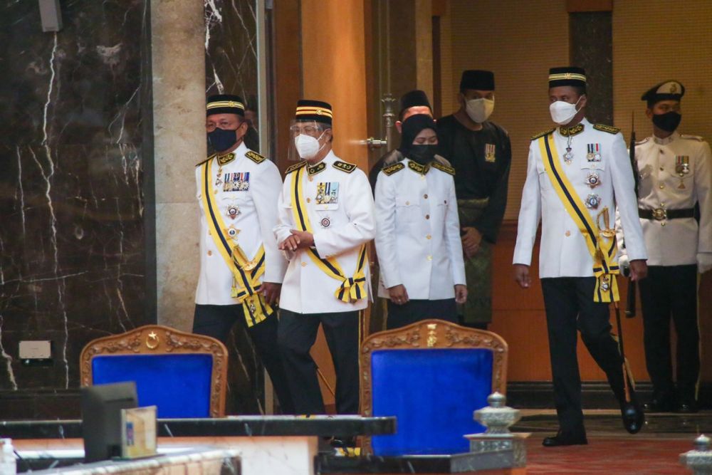 Johor MB Datuk Hasni Mohammad (left) and Prime Minister Tan Sei Muhyiddin Yassin, who is also the Gambir assemblyman, make their way to the state assembly hall August 12, 2021 u00e2u20acu201d Picture courtesy of the Johor MBu00e2u20acu2122s office
