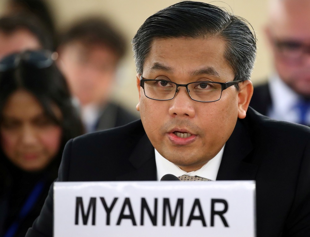 Myanmar's ambassador Kyaw Moe Tun addresses the Human Rights Council at the United Nations in Geneva, Switzerland March 11, 2019. u00e2u20acu2022 Reuters pic