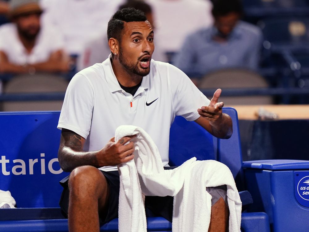 Nick Kyrgios of Australia discusses a call with the chair umpire during a match against Reilly Opelka of the United States at the Aviva Centre in Toronto August 9, 2021. u00e2u20acu2022 Reuters picnn