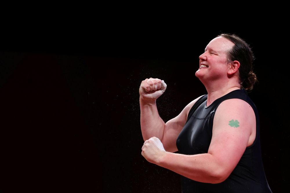 Laurel Hubbard of New Zealand celebrates after a lift in the womenu00e2u20acu2122s +87kg weightlifting category at the Tokyo International Forum August 2, 2021. u00e2u20acu2022 Reuters picnn