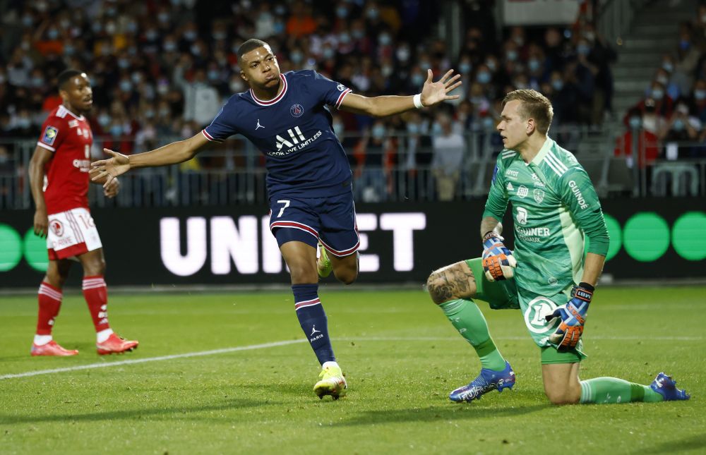 Paris St Germain's Kylian Mbappe celebrates after scoring against Brest at Stade Francis-Le Ble, Brest, August 20, 2021. u00e2u20acu201d Reuters picnn