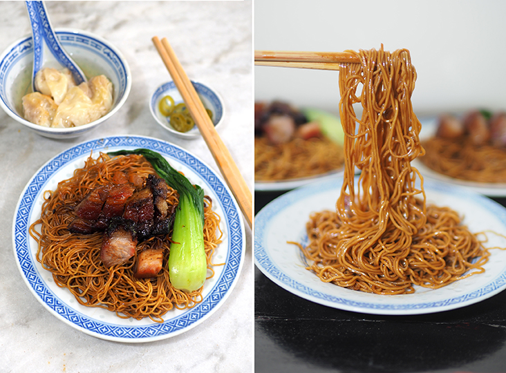 Enjoy springy noodles tossed with fried lard pieces, caramelised thick cut 'char siu' and plump 'wantans' for RM7 (left). The egg noodles have a smooth, springy texture that don't stick to your teeth when bitten into (right)