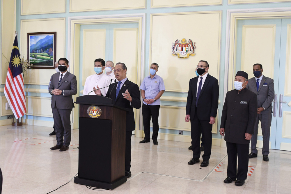 Prime Minister Tan Sri Muhyiddin Yassin speaks during the televised address in Putrajaya, August 13, 2021. u00e2u20acu201d Bernama pic 