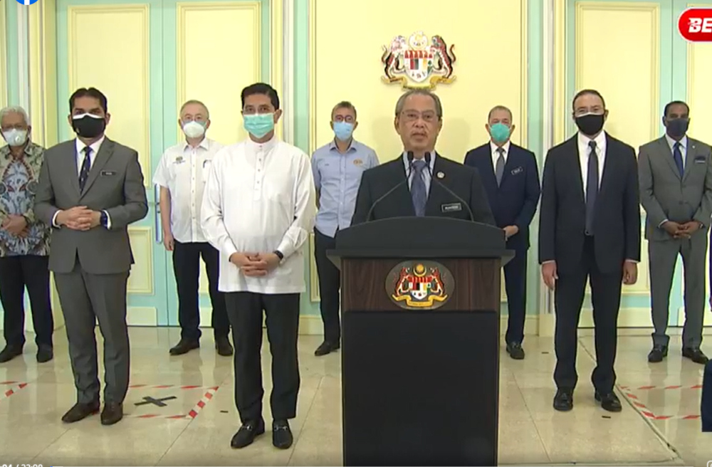 A screengrab of Prime Minister Tan Sri Muhyiddin Yassin during his special address broadcast live, August 13, 2021. — Picture from Facebook/Muhyiddin Yassin