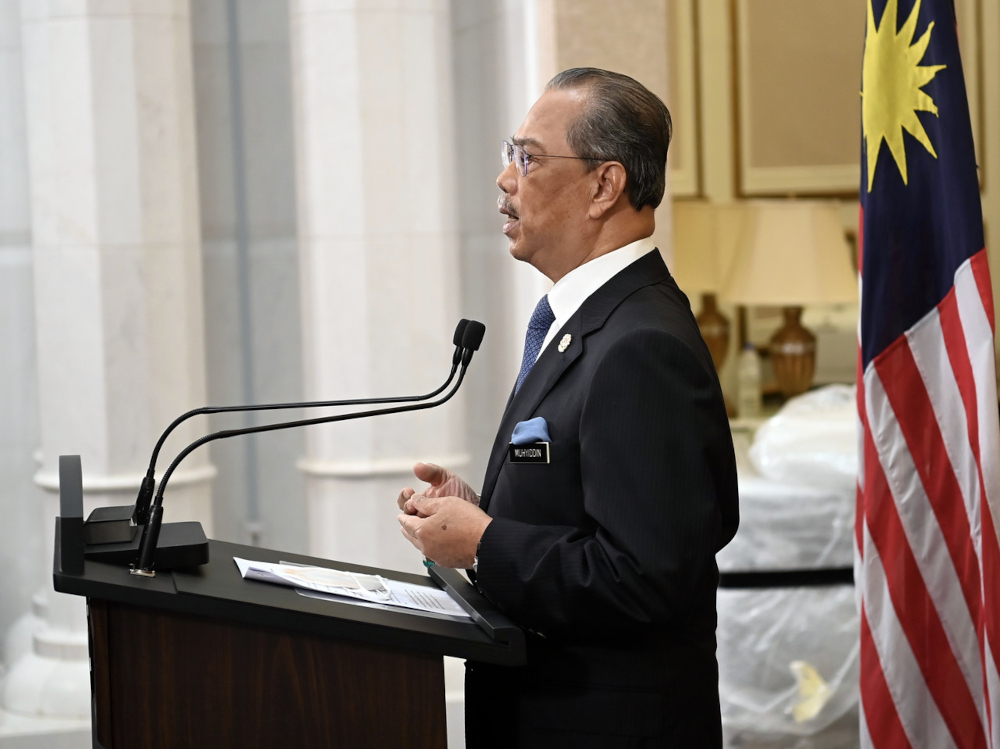 Prime Minister Tan Sri Muhyiddin Yassin delivers a special message on his last day as prime minister in Putrajaya, August 16, 2021. u00e2u20acu201d Bernama pic 