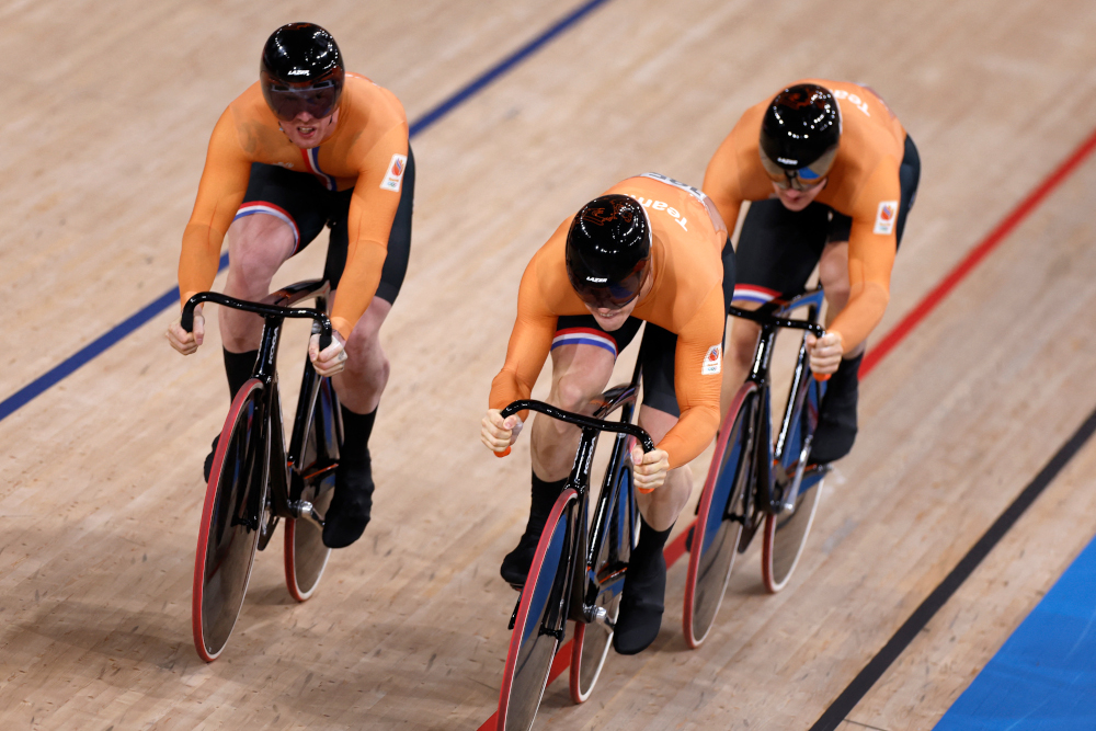 Netherlands team compete during the first round heats of the menu00e2u20acu2122s track cycling team sprint at Izu Velodrome in Izu, Japan, August 3, 2021. u00e2u20acu2022 AFP picnn