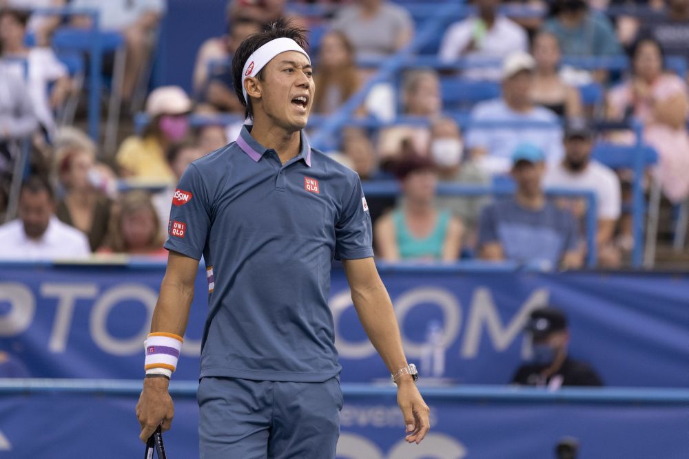 Kei Nishikori of Japan reacts against Lloyd Harris of South Africa during the Citi Open at Rock Creek Park Tennis Centre in Washington August 6, 2021. u00e2u20acu2022 Reuters picnn