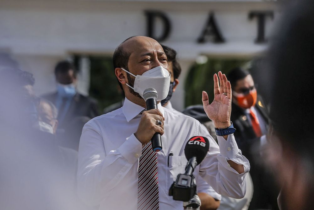 Jerlun MP Datuk Seri Mukhriz Mahathir addresses members of the media at the Merdeka Square in Kuala Lumpur August 2, 2021. — Picture by Hari Anggara