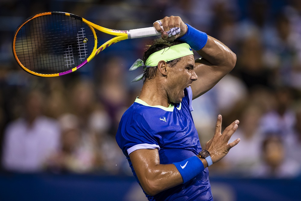 Rafael Nadal of Spain returns a shot against Lloyd Harris of South Africa (not pictured) during the Citi Open at Rock Creek Park Tennis Center in Washington August 5, 2021. u00e2u20acu2022 Scott Taetsch-USA TODAY Sports via Reuters