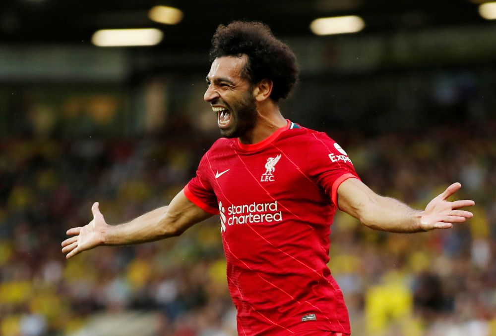 Liverpool's Mohamed Salah celebrates scoring their third goal against Norwich City at Carrow Road, Norwich August 14, 2021. u00e2u20acu201d Reuters pic