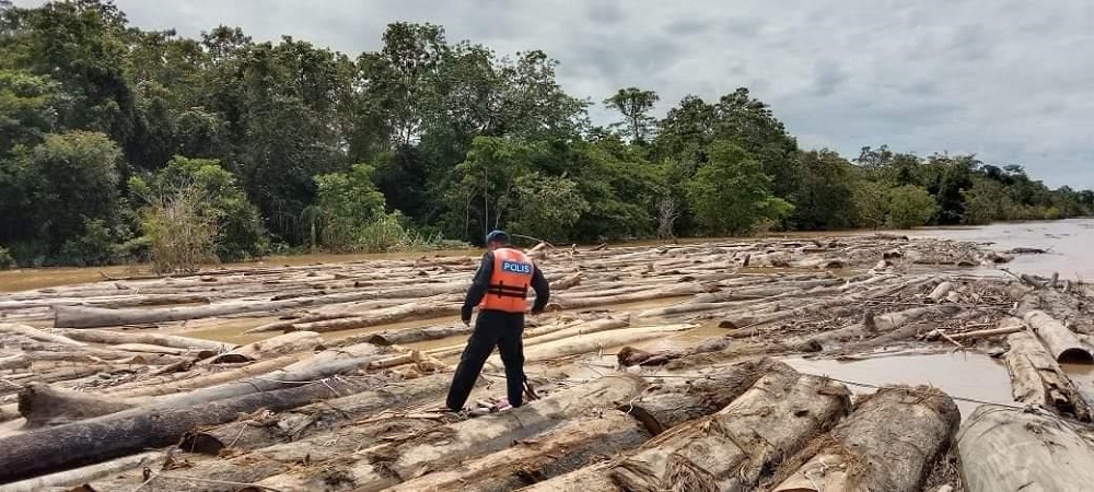 Sibu Marine Police personnel inspecting the seized logs.  u00e2u20acu201d  Picture courtesy of Sibu Marine Police via Borneo Post Online
