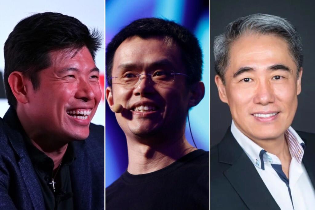 From left: Grab co-founder Anthony Tan, crypto billionaire Changpeng Zhao and former Nanyang Technological University professor Shi Xu. u00e2u20acu201d TODAY/Reuters/Nanofilm Technologies pic